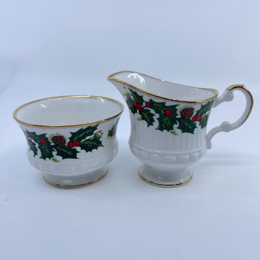 vintage queens yuletide cream sugar bowl holly berries pinecone design